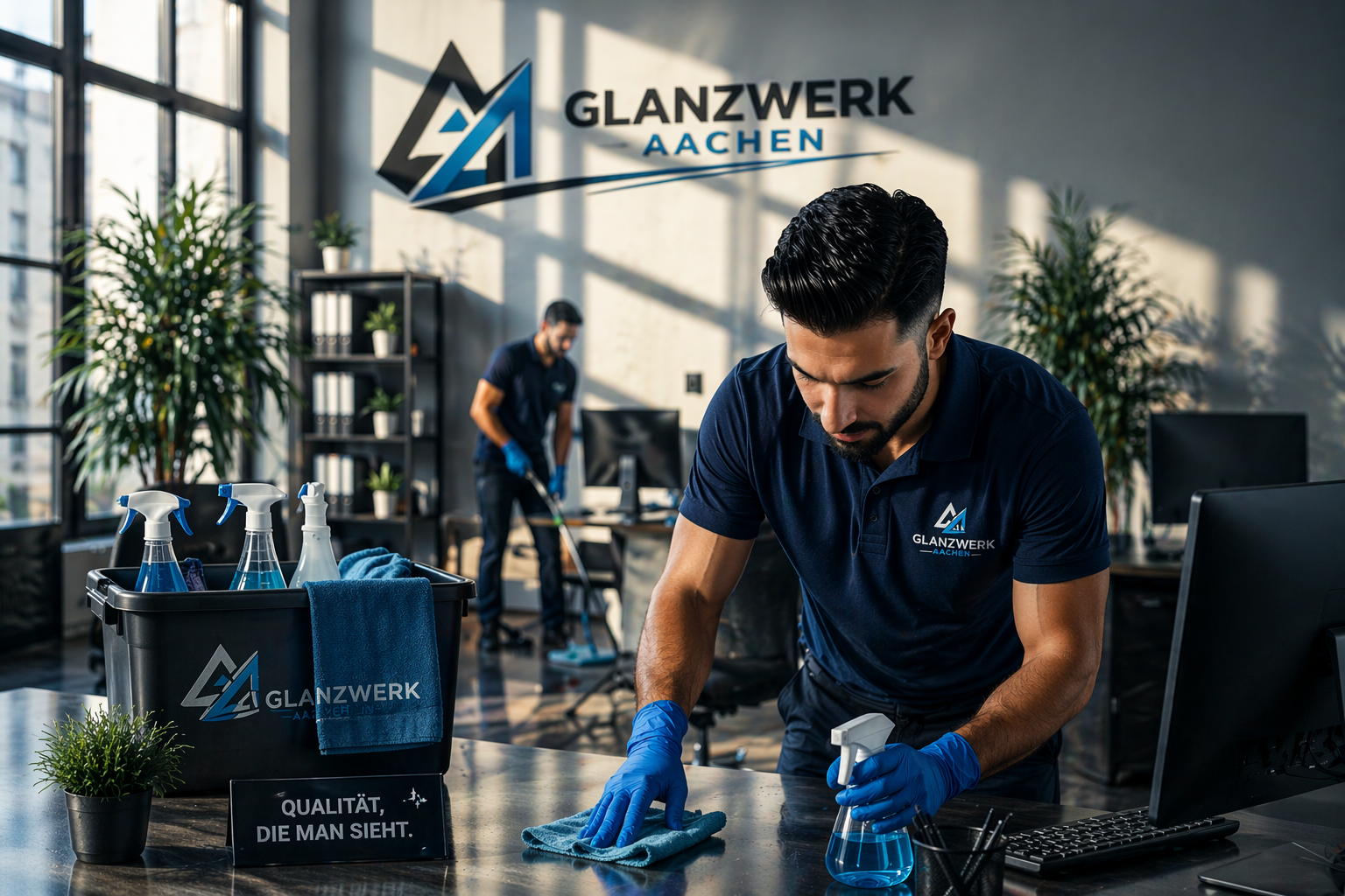 Mitarbeiter bei Glanzwerk Aachen reinigt einen Tisch mit einem Tuch und Spray in einem modernen Büro mit großen Fenstern und Pflanzen im Hintergrund.