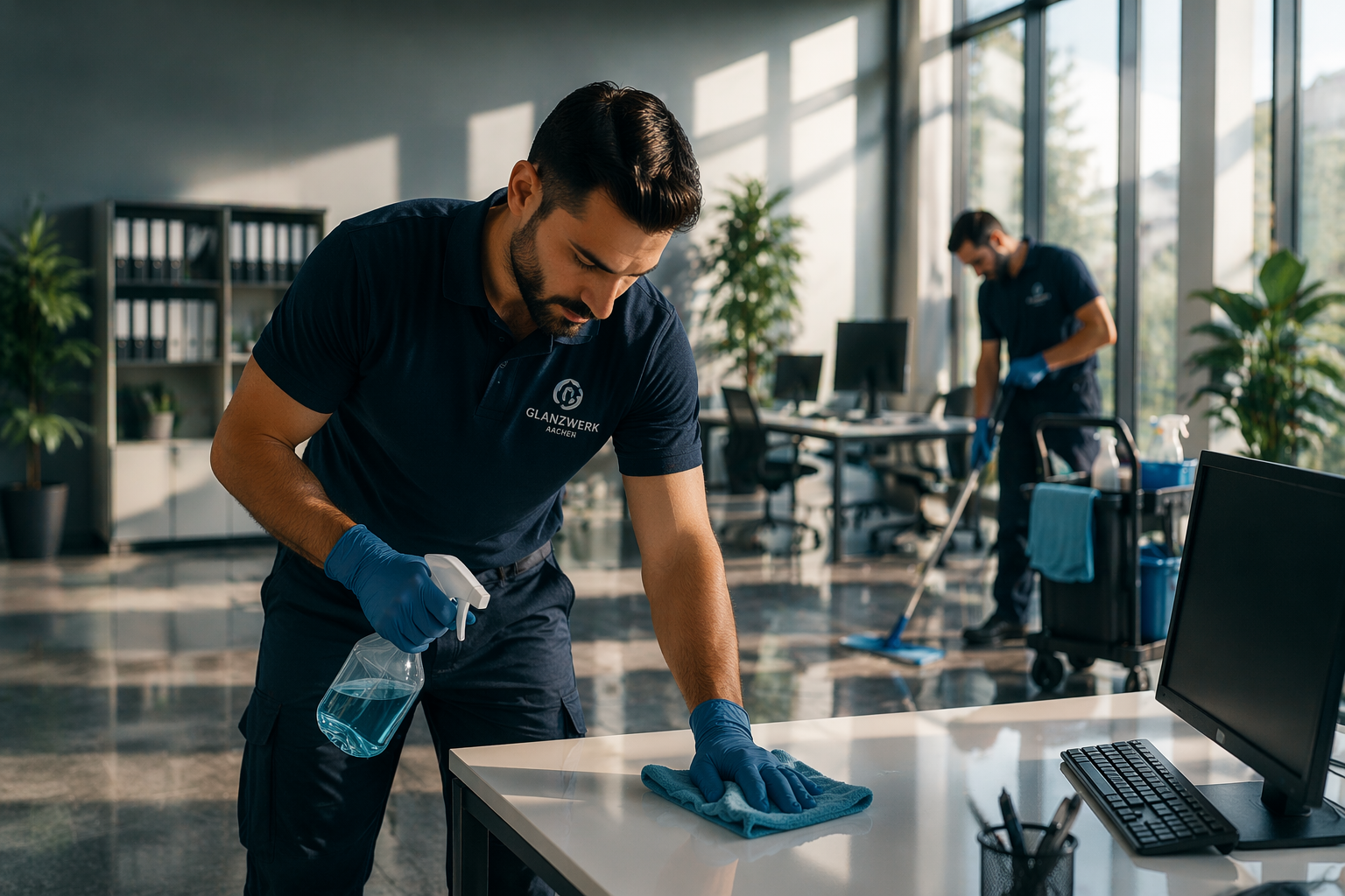 Zwei Reinigungskräfte in einem modernen Büro reinigen Tische und Oberflächen.