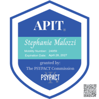 APIT badge with Stephanie Malozzi's name, mobility number, expiration date, and PSYPACT logo