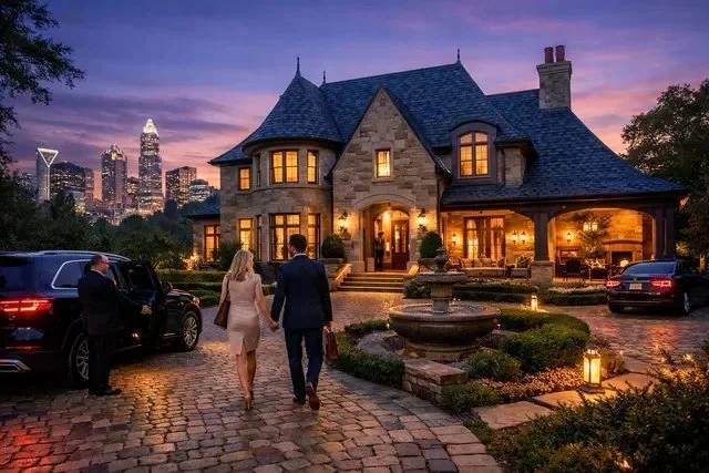 luxury-stone-french-chateau-style-home-at-night-with-charlotte-skyline-in-background.webp