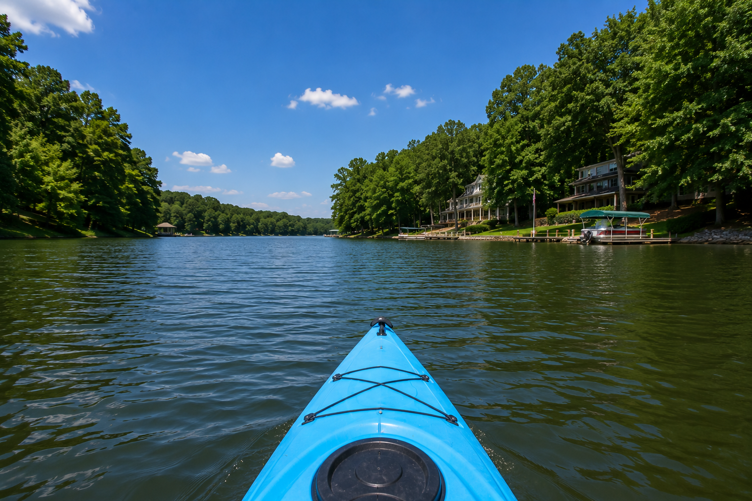 kayaking-on-charlotte-nc-lake-with-wooded-shoreline-and-blue-sky.png