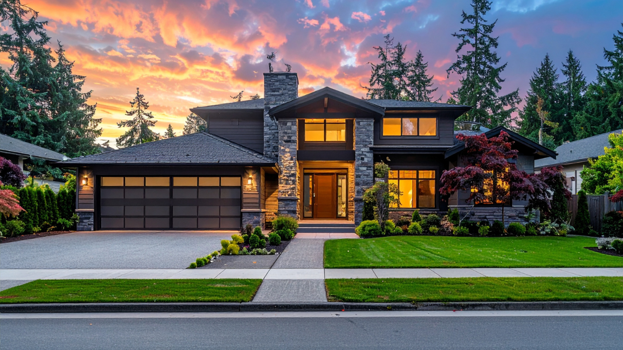 modern-stone-and-wood-luxury-home-exterior-at-sunset-with-two-car-garage-charlotte-nc.png