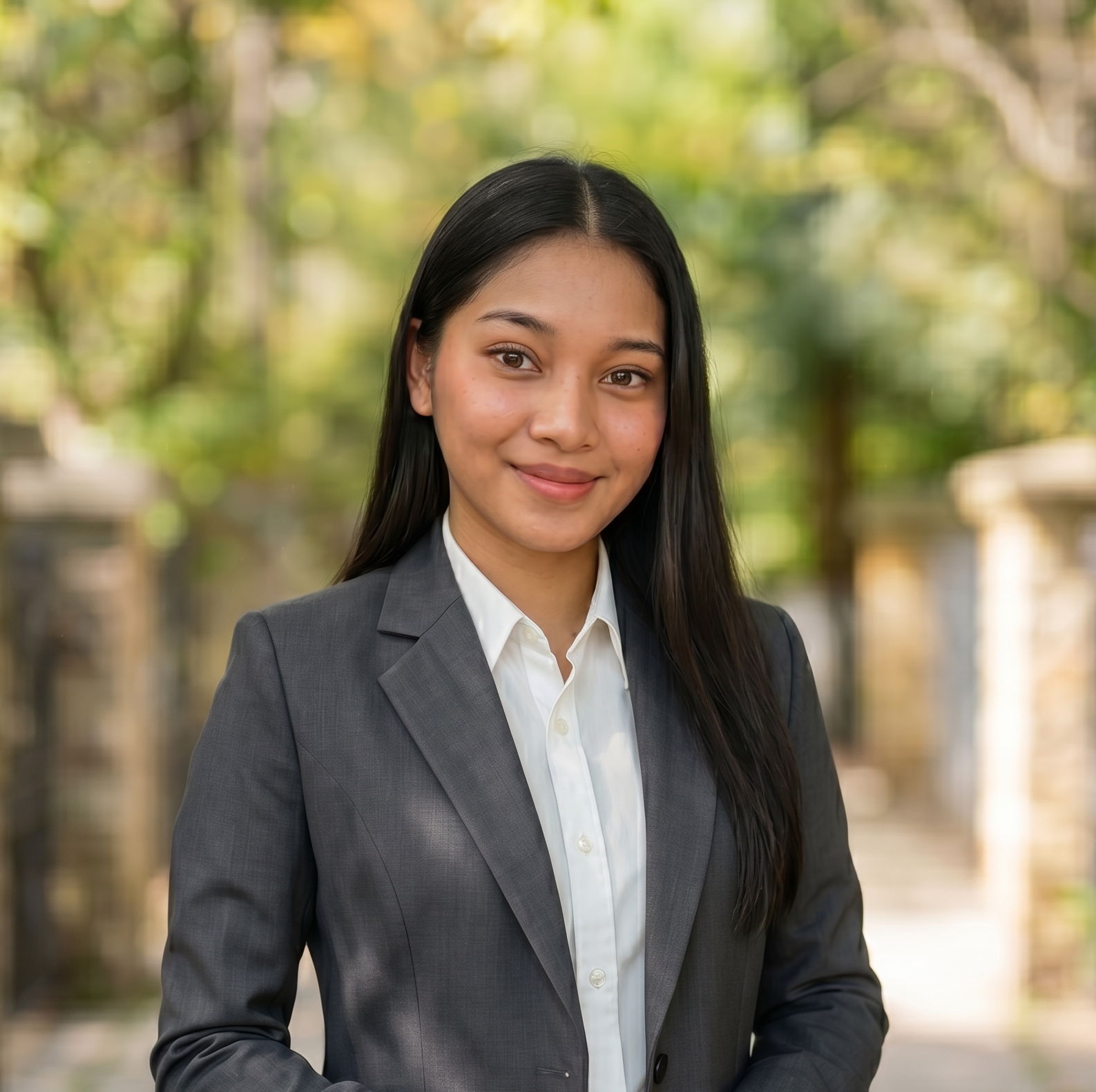 A young woman with long dark hair, wearing a grey blazer and white shirt, smiling outdoors with a blurred background of trees and walkway.