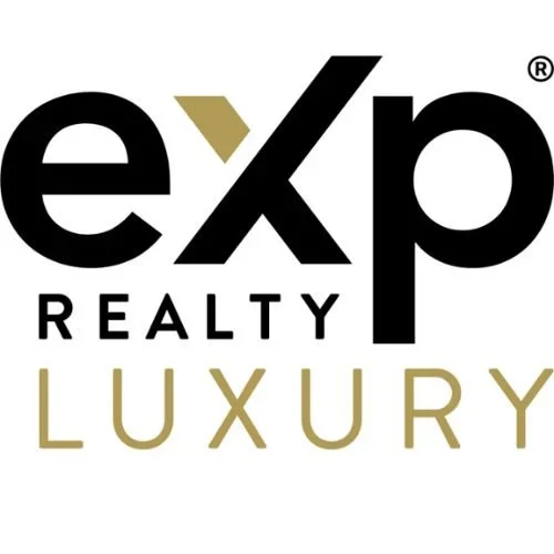 Logo for Exp Realty Luxury, with the words 'EXP,' 'REALT' in black and 'LUXURY' in gold.