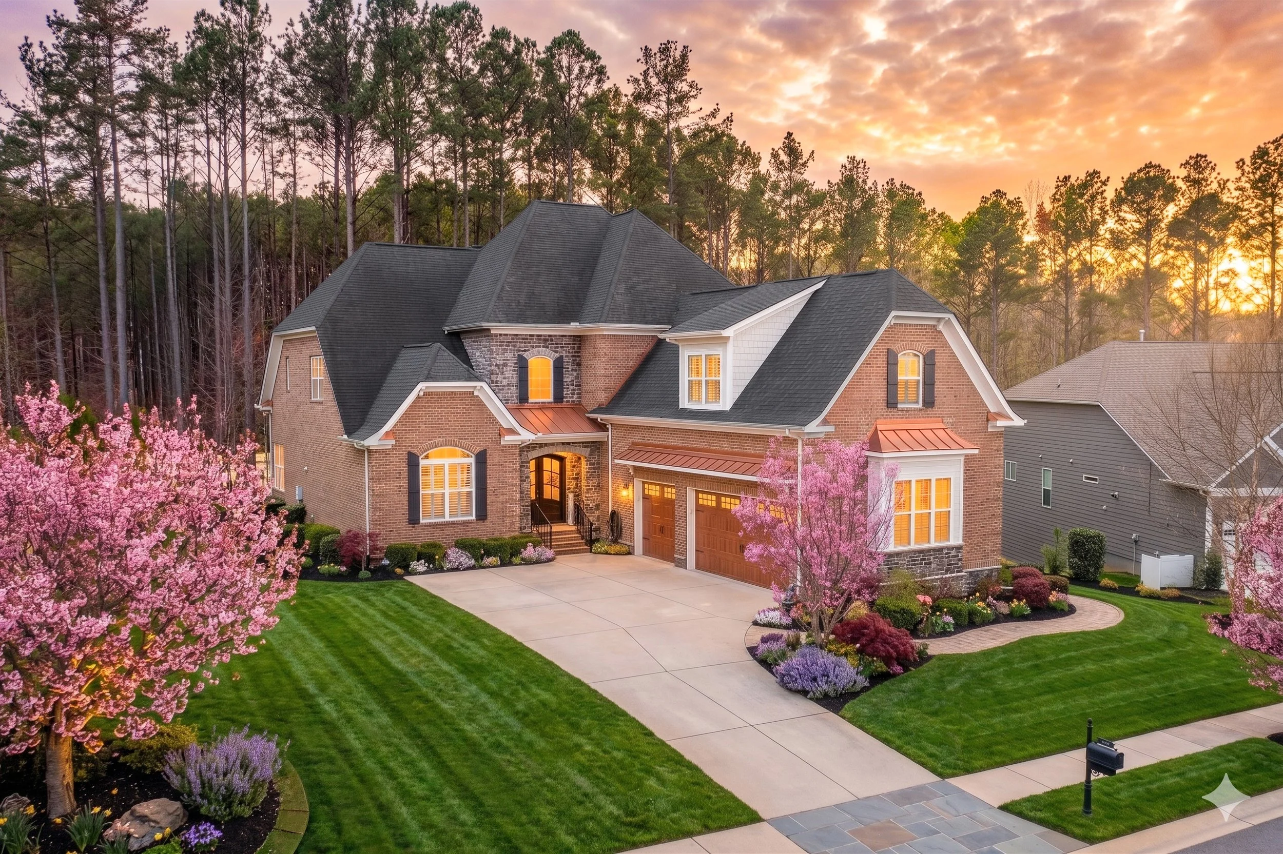 A large brick house with a dark gray roof is surrounded by a well-manicured lawn, blooming pink trees, and colorful flower beds, with a backdrop of trees and a vibrant sunset.