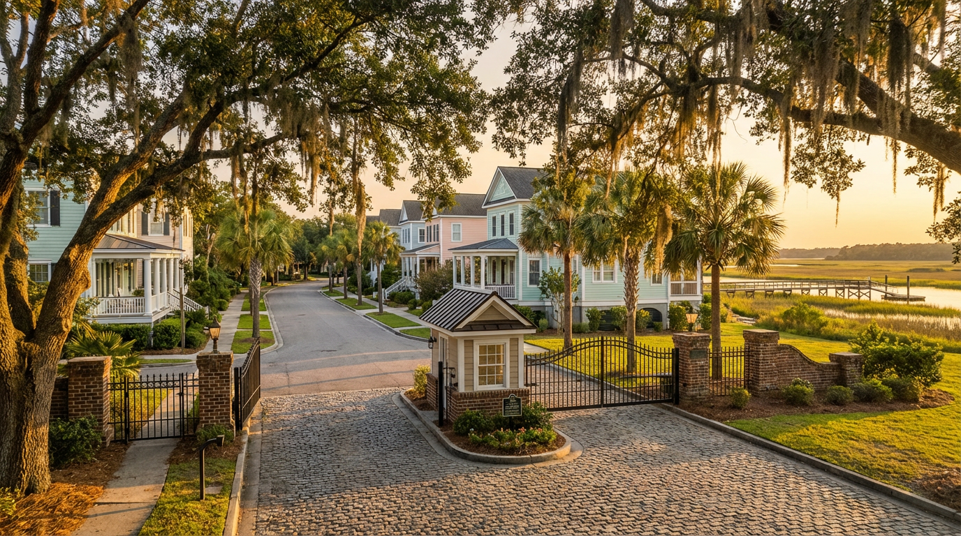 Gated entrance to a residential community with cobblestone driveway, colorful houses, palm trees, and a body of water in the background during sunset.