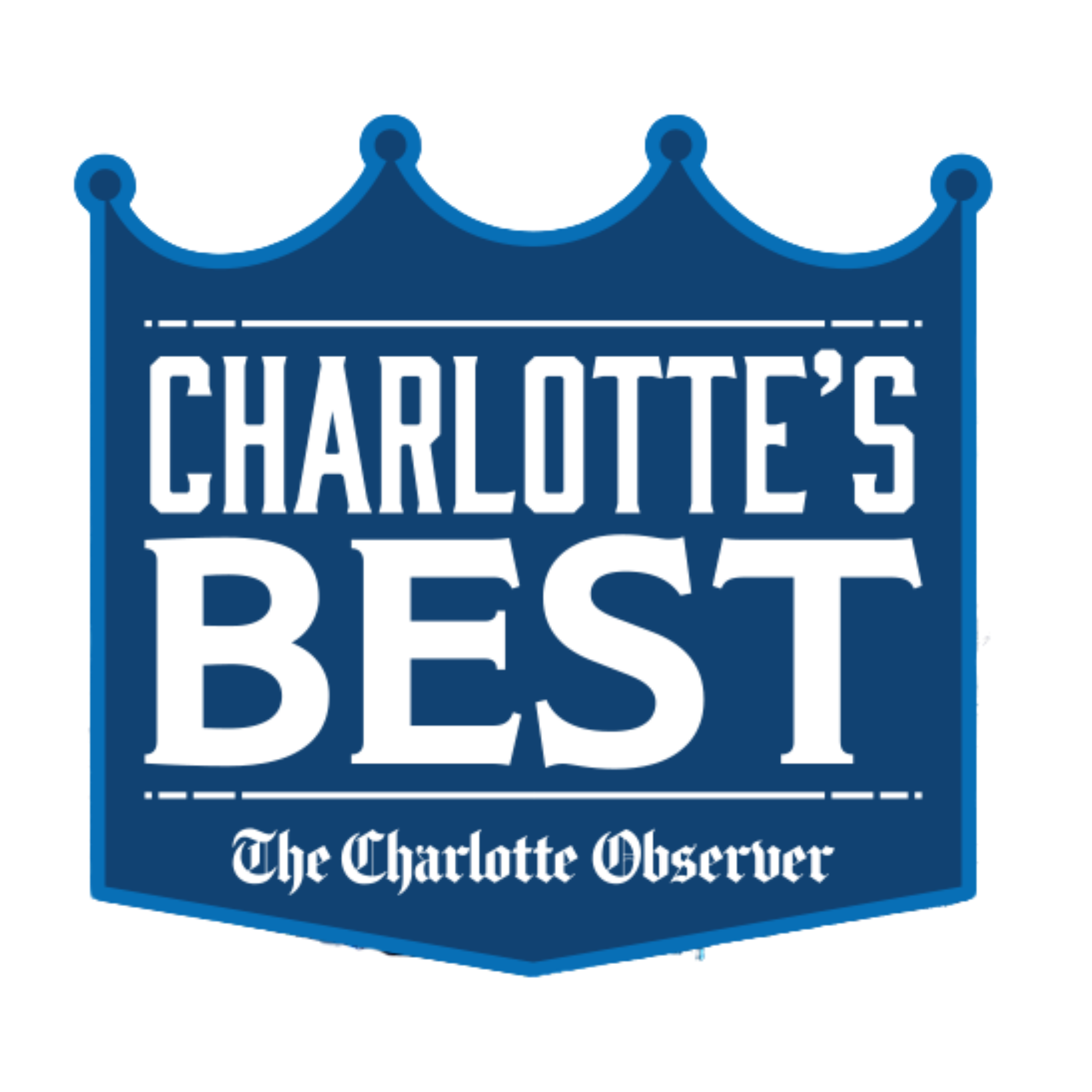 Logo of Charlotte Observer with shield shape, dark blue background, white text, and decorative elements.