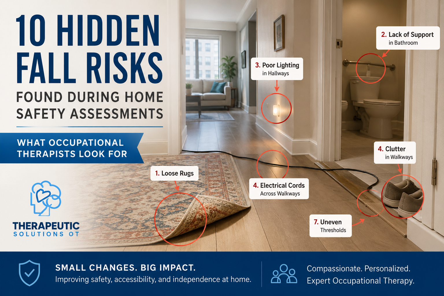 Occupational therapist identifying fall hazards including loose rugs, poor lighting, and cords during a home safety evaluation.