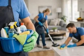 People cleaning a living room with cleaning supplies and spray bottles.