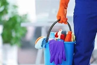 Person in blue uniform holding a cleaning caddy with cleaning supplies and purple gloves.