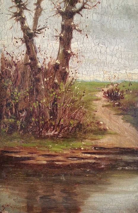 A painting of a nature scene with two leafless trees, a dirt path, and a grassy landscape in the background, next to a body of water reflecting the scene.
