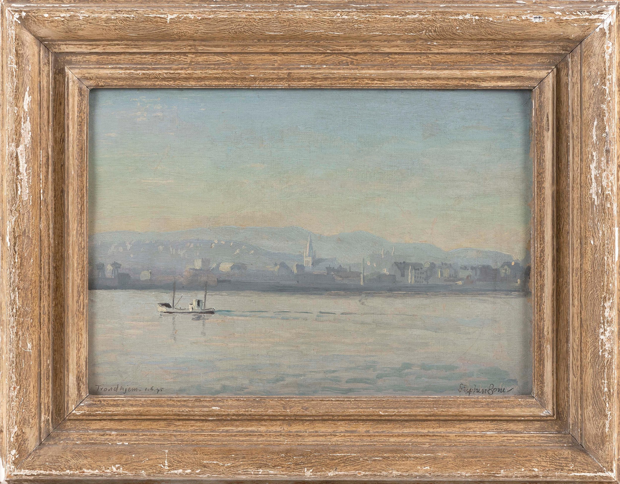 Stephen Bone (English, 1904-1958) / Trondhjem, June 1st, 1945 / Oil on Panel, signed (l.r.) "Stephen Bone", titled on verso / 9 3/4" x 13 3/4" / 14 3/4" x 19" overall, framed / SOLD