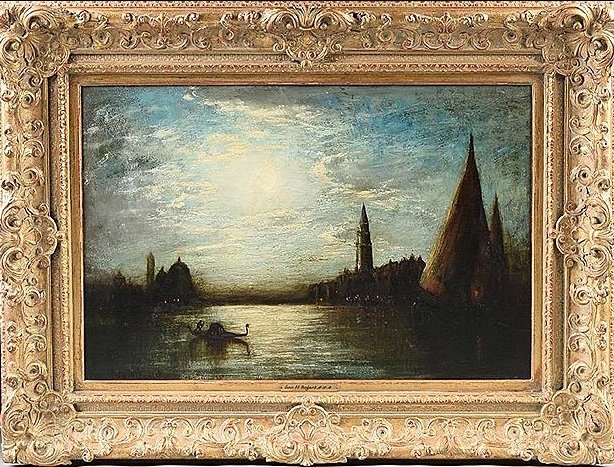 A framed painting of a cityscape at twilight with a river in the foreground, boats on the water, and buildings with pointed roofs, including a tall tower, under a cloudy sky.