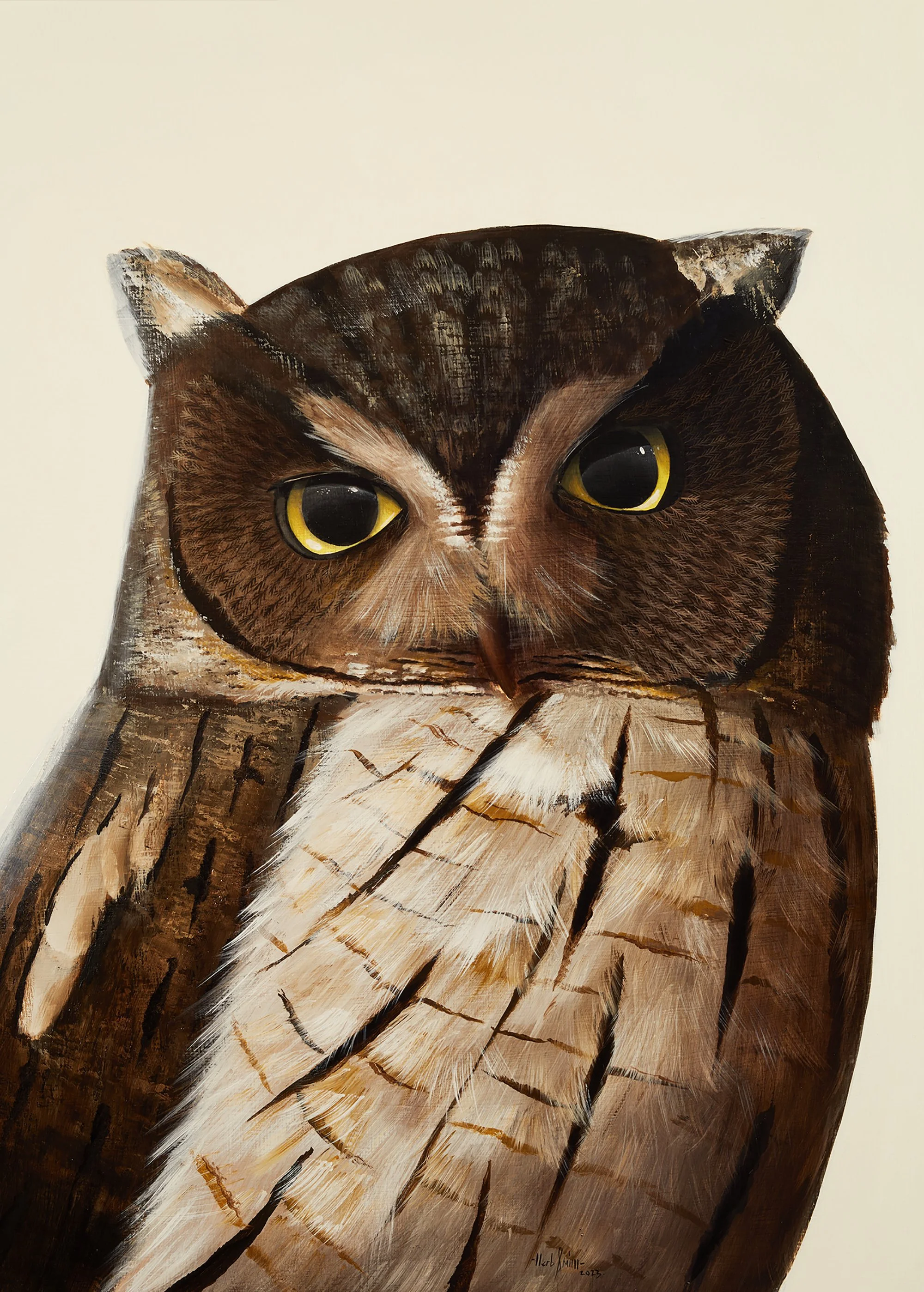 Herb Smith (American, b. 1981) / Western Screech Owl (2023) / Oil on Wood / 26" x 20" / SOLD