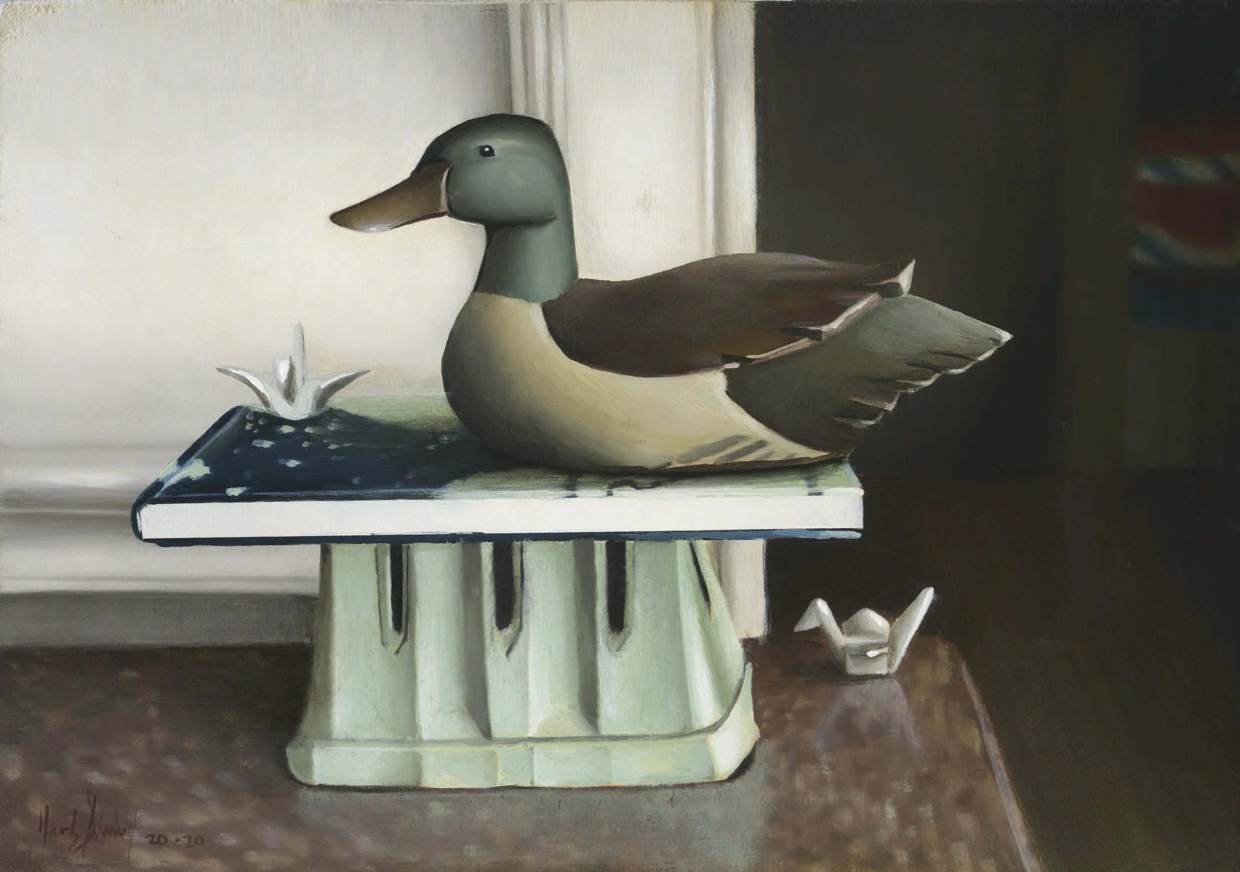 Painting of a duck figurine on a greenish stand with a white flower-shaped object nearby, placed on a table with a dark background.