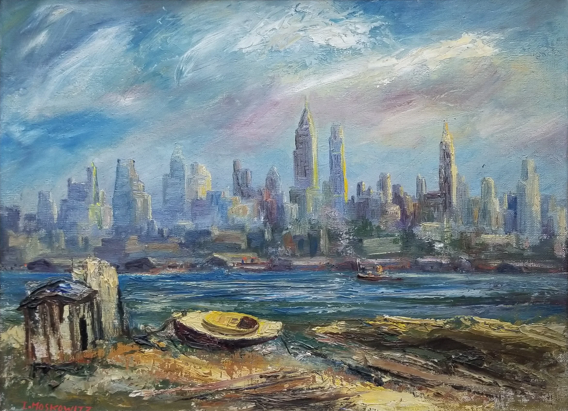A colorful impressionist cityscape painting showing tall skyscrapers under a dynamic cloudy sky, with boats on the water in the foreground and a few small structures near the shore.