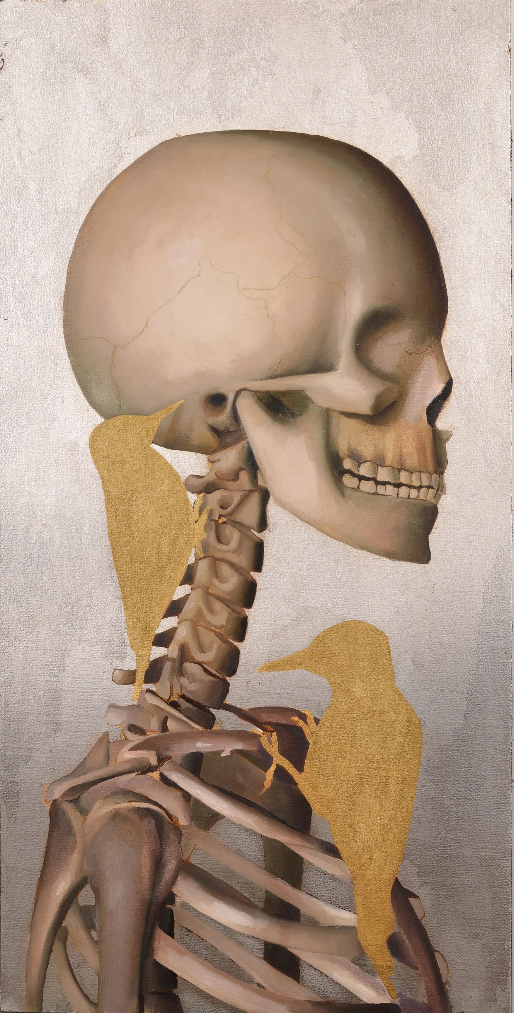 Herb Smith (American, b. 1981) / Once Lived (2026) / Oil, Silver, and Gold Leaf on Panel / 16" x 8" / $2,560 Unframed