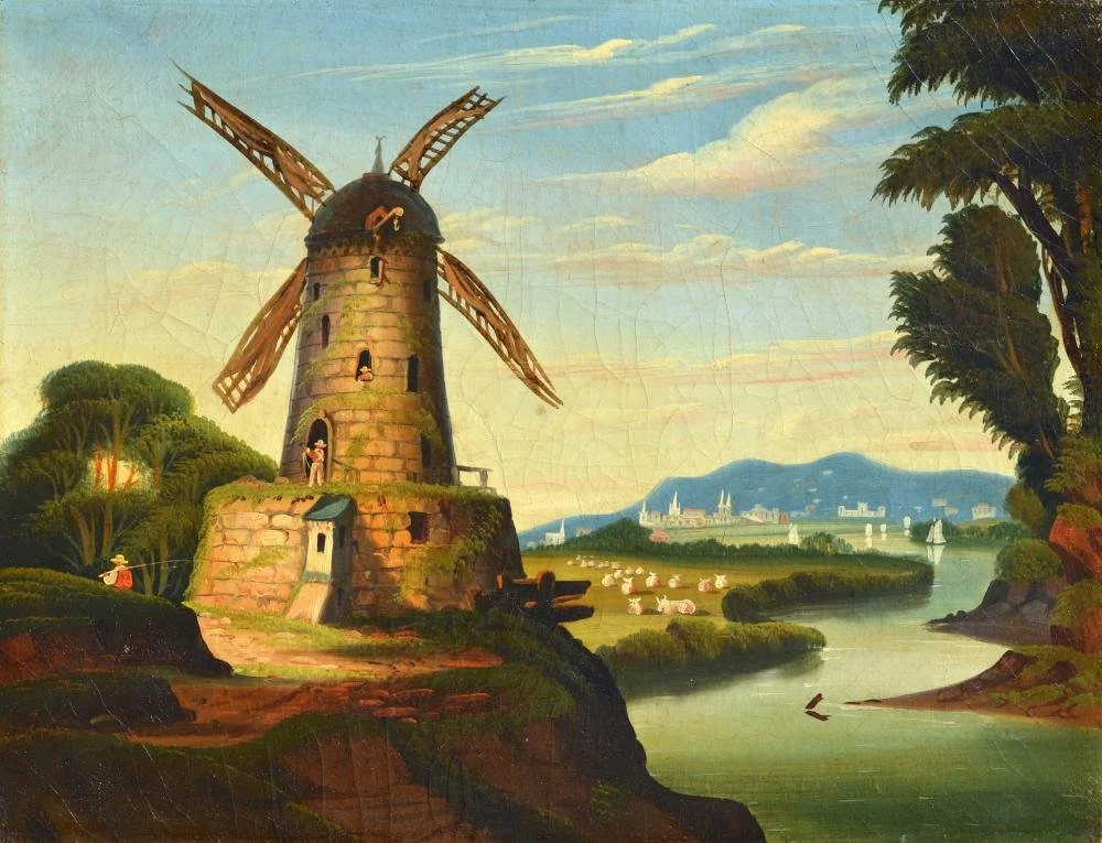 Thomas Chambers (English-American, 1808-1869) / River Landscape with Windmill / Oil on Canvas / 14 1/8" x 18 1/8" / Price Available Upon Request 