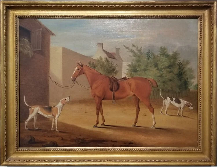 William Gwynn of Ludlow (British, 1795-1838) / Farmyard Scene with Horse and Dogs / Oil on Canvas / 22" x 28 1/2" overall, framed / $6,500