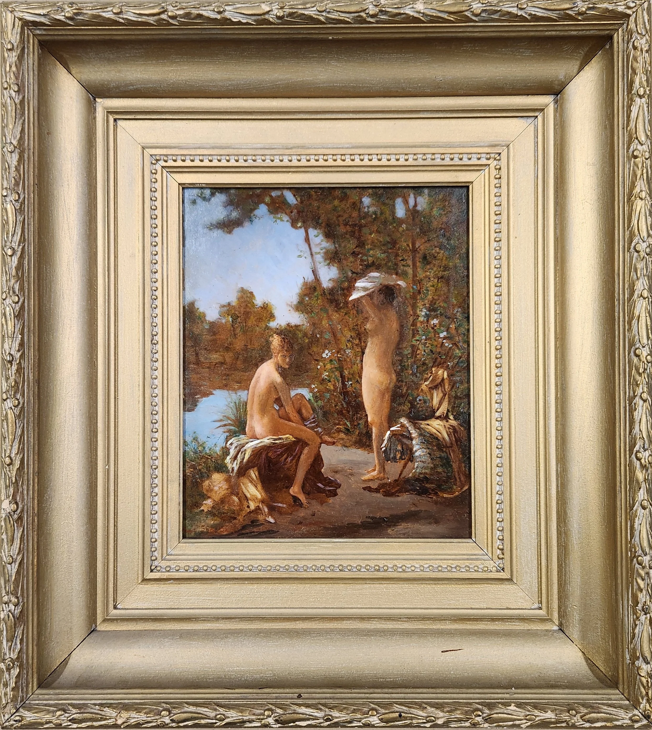 Jules Scalbert (French, 1851-1928) / Bathers / Oil on Panel, signed (l.l.) J. Scalbert" / 10 1/2" x 8 1/2" / 19 1/4" x 17 1/4" overall, framed / Price Available Upon Request 