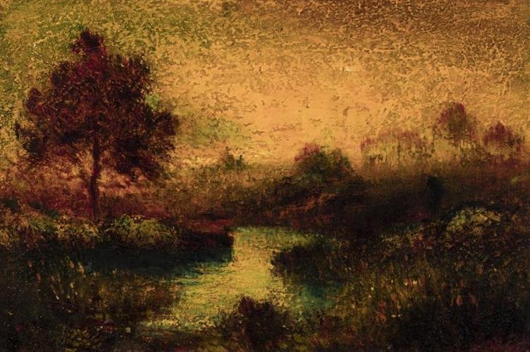 A landscape painting of a river flowing through a grassy terrain with trees, set against a warm, orange sky.