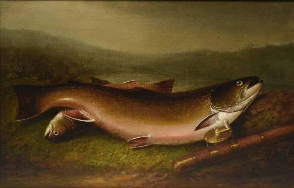 Walter M. Brackett (American, 1823-1919) / Trout on a Riverbank (1864) / Oil on Canvas, signed and dated (l.l.) "WM Brackett 1864" / 16" x 24" / Price Available Upon Request
