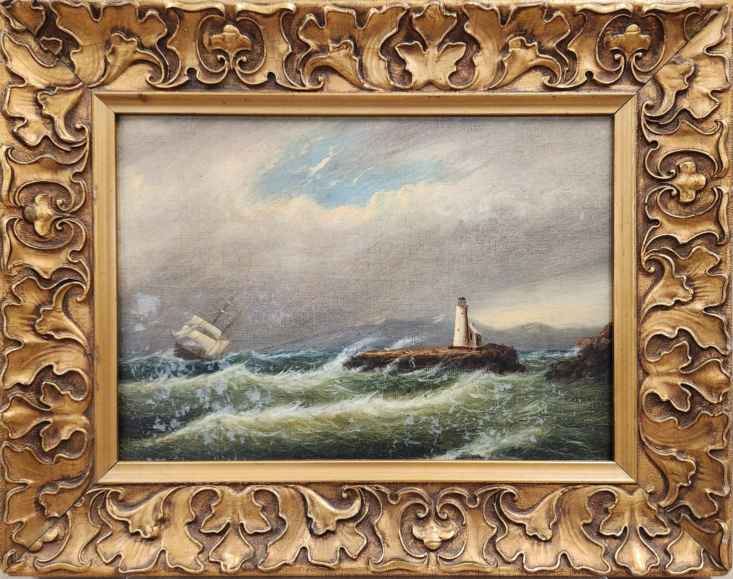 Clement Drew (American, 1806-1889) / Mount Desert Rock Lighthouse (1877) / Oil on Canvas, inscribed and dated "Mount Desert Rock Lighthouse / by Clement Drew 1877" on verso / 7" x 10" / $2,400