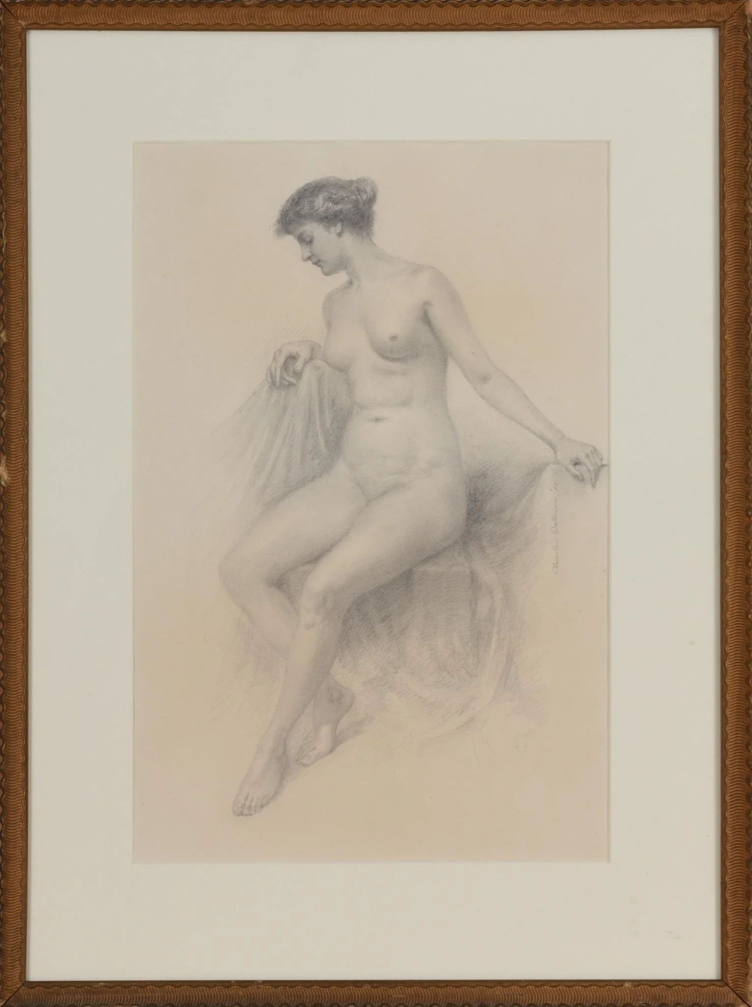 Charles Osborne (American, b. 1875) / Female Nude (1910) / Graphite on Paper, signed and dated (l.r.) "Charles Osborne 1910" / 18" x 12" / 24" x 18" overall, framed / $1,650