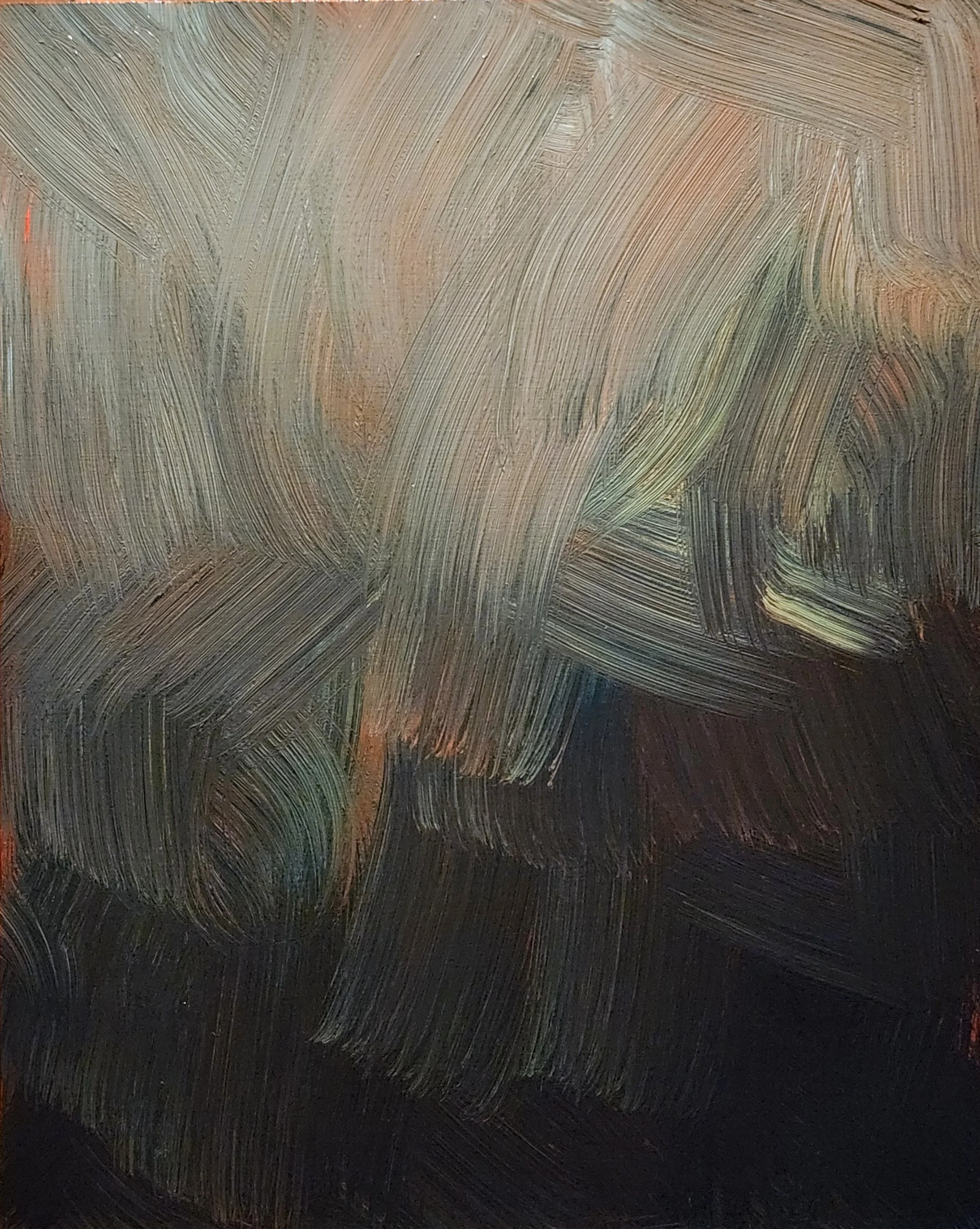 A window covered with fogged glass that has been partially wiped clean, revealing faint horizontal streaks and smudges.