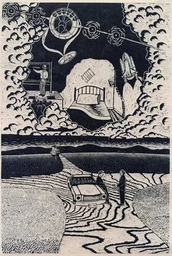 Bradley Calvert Taylor / The Devil and Dr. Feinman / Woodcut on Kitikata Paper / 53" x 35" / Approx. 57" x 39" overall, framed / Price Available Upon Request 