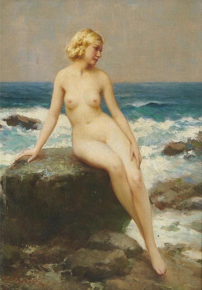 Joseph Tomanek (Czechoslovakian-American, 1889-1974) / Nude on a Rock / Oil on Canvas, signed (l.l.) "J. Tomanek" / 13 5/8" x 9 5/8" / Price Available Upon Request