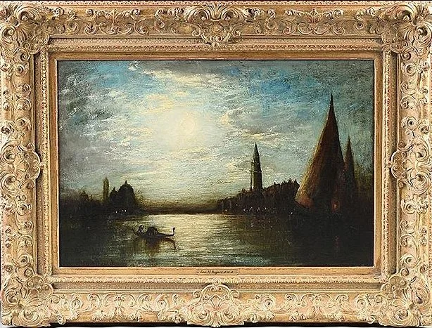 George Henry Bogert (American, 1864-1944) / Moonlight, Grand Canal, Venice / Oil on Wood Panel / 20" x 30" / Price Available Upon Request