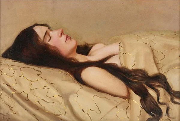 Ludvig Find (Danish, 1869-1945) / Sleeping Woman (1904) / Oil on Wood Panel, signed and dated  (l.l.) "L. Find 1904" / 11 1/2" x 17 1/2" / 19 1/2" x 25 3/8" x 2 1/4" (D) overall, framed / Price Available Upon Request 