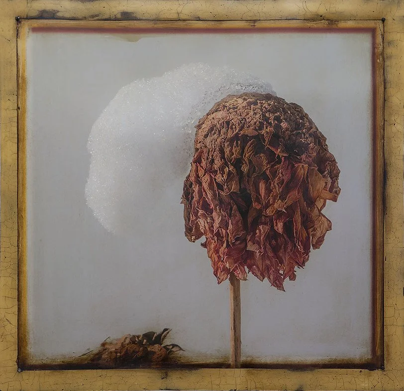 Kris Cox (American, b. 1951) / Dhalia Icon with Snowcap / Mixed Media on Panel / SOLD