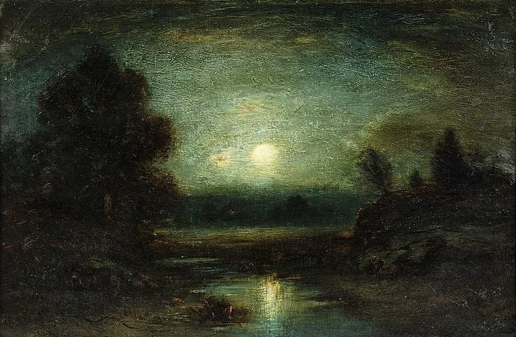 George Henry Bogert (American, 1864-1944) / River Moonrise / Oil on Canvas / 20" x 30", 30" x 40" overall, framed / Original, Period Frame by Important, Listed Frame Maker Albert Milch (Austrian-American, 1881-1951) / Price Available Upon Request