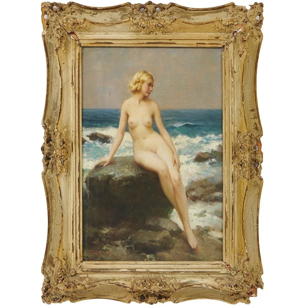 Joseph Tomanek (Czechoslovakian-American, 1889-1974) / Nude on a Rock / Oil on Canvas, signed (l.l.) and titled on artist's label on verso / 13 5/8" x 9 5/8" / 19 3/8" x 15 1/4" overall, framed / Price Available Upon Request 