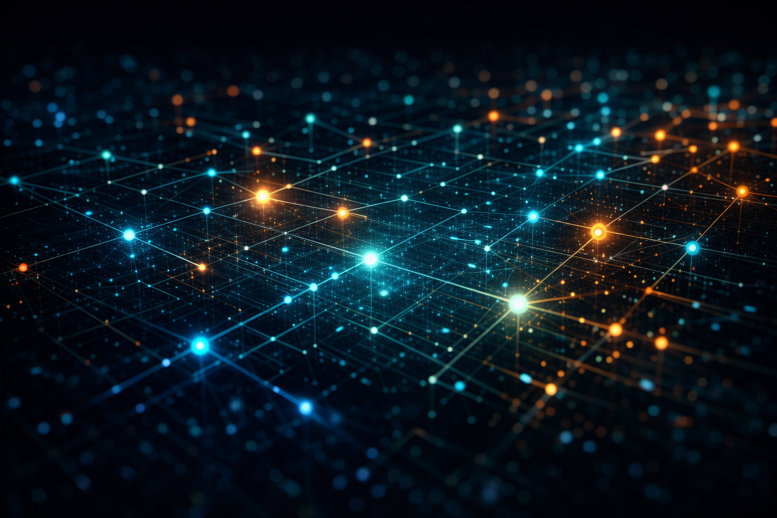 A digital network visualization with interconnected glowing nodes in blue, orange, and white colors on a dark background.