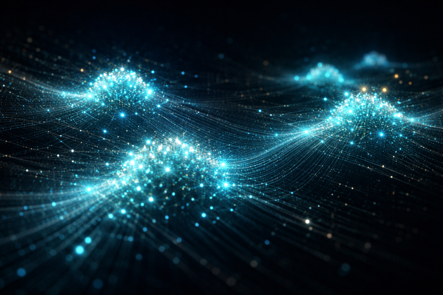 Digital abstract representation of interconnected glowing blue particles and lines forming wave-like structures in a dark background