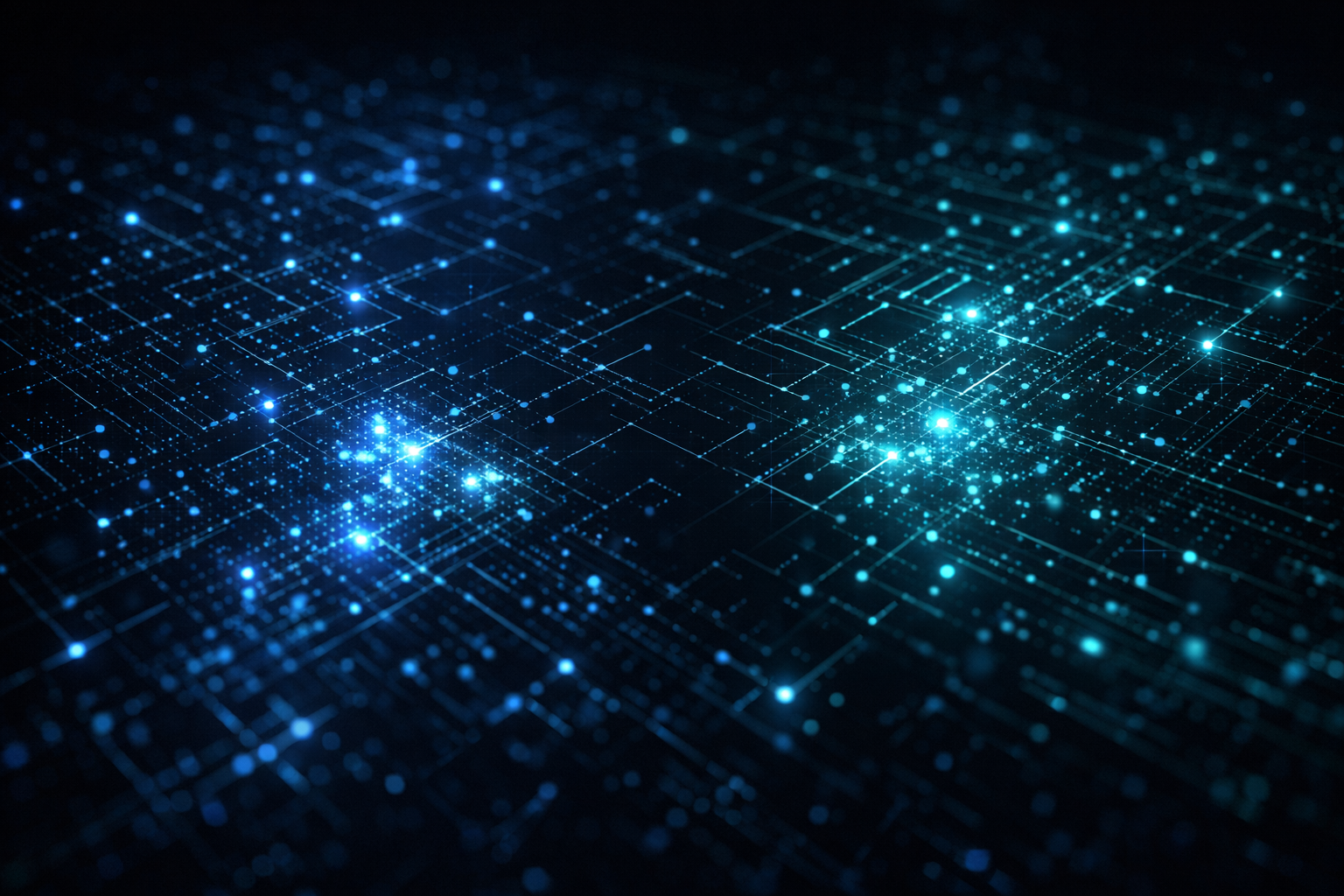 Digital abstract background with glowing blue dots and lines resembling a high-tech network or circuit board.