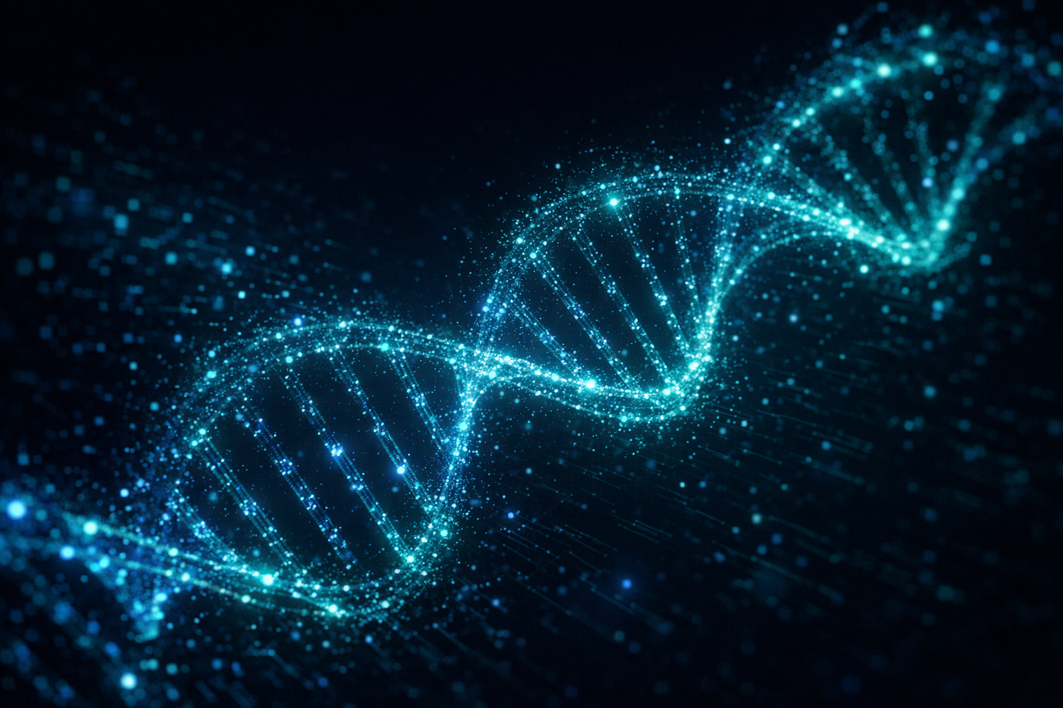 Digital illustration of a glowing blue DNA double helix strand with particles and light effects in a dark background.