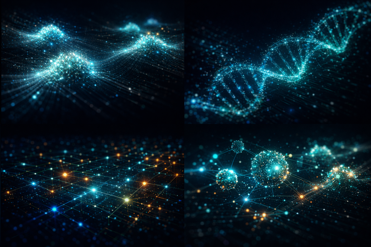 Collage of four digital images depicting abstract representations of data, DNA, and neural networks with glowing blue, yellow, and white points connected by lines on dark backgrounds.