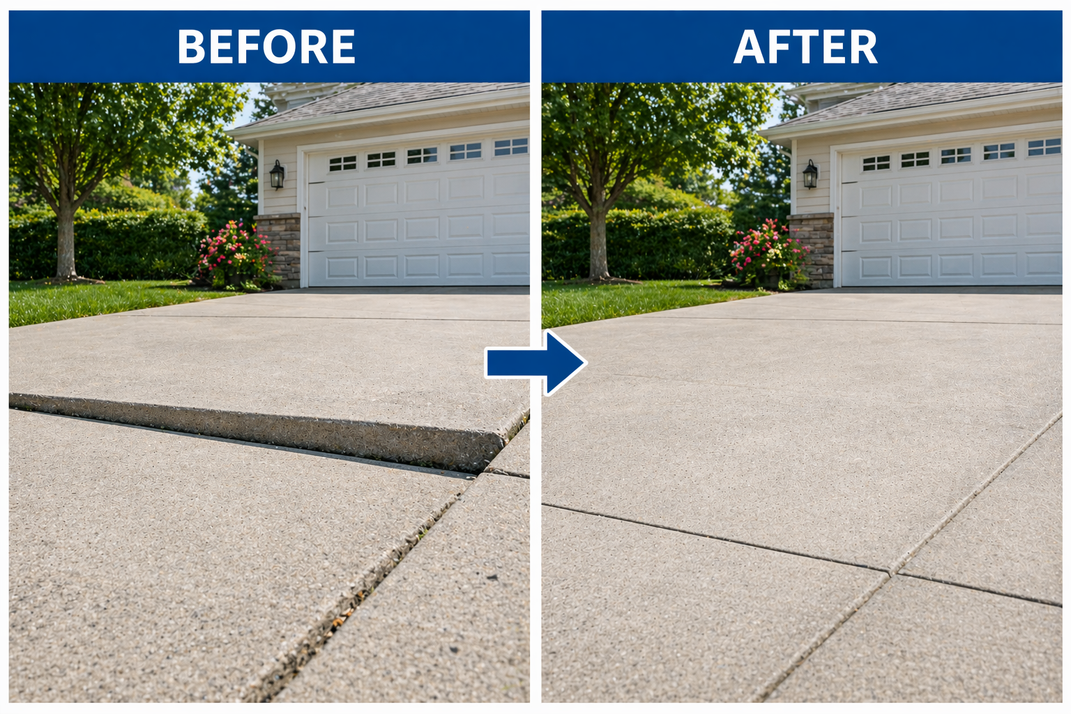 A side-by-side comparison of concrete driveway before and after sealing. The left shows unsealed, slightly rougher surface with visible cracks; the right shows sealed, smoother surface with less visible cracks. The background features a white garage door, small gardening, a tree, and greenery.