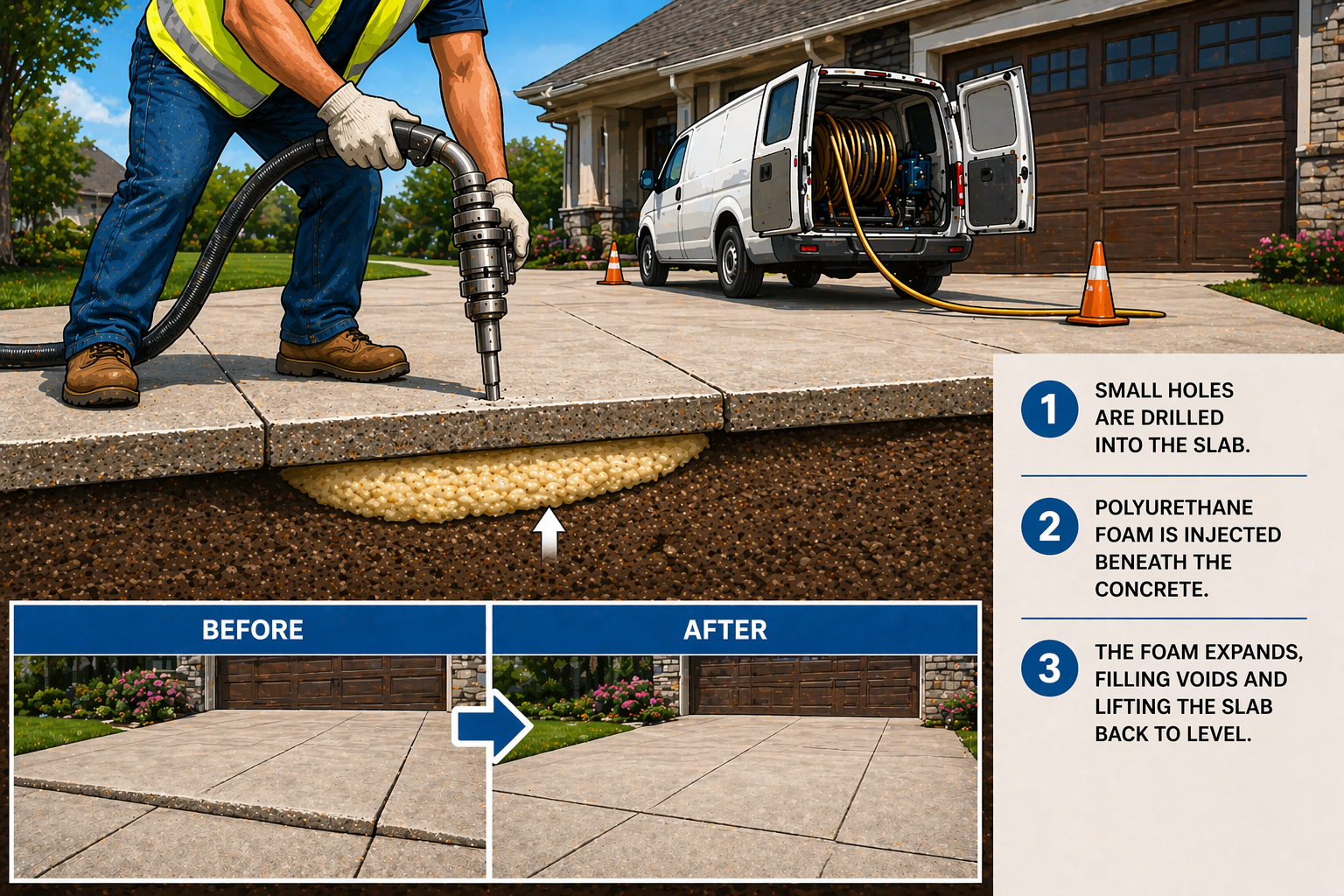 Illustration showing polyurethane foam being injected beneath a concrete driveway to lift and level it. The scene includes a worker in safety gear with a hose, a van with equipment, and a before-and-after comparison of the driveway's surface.