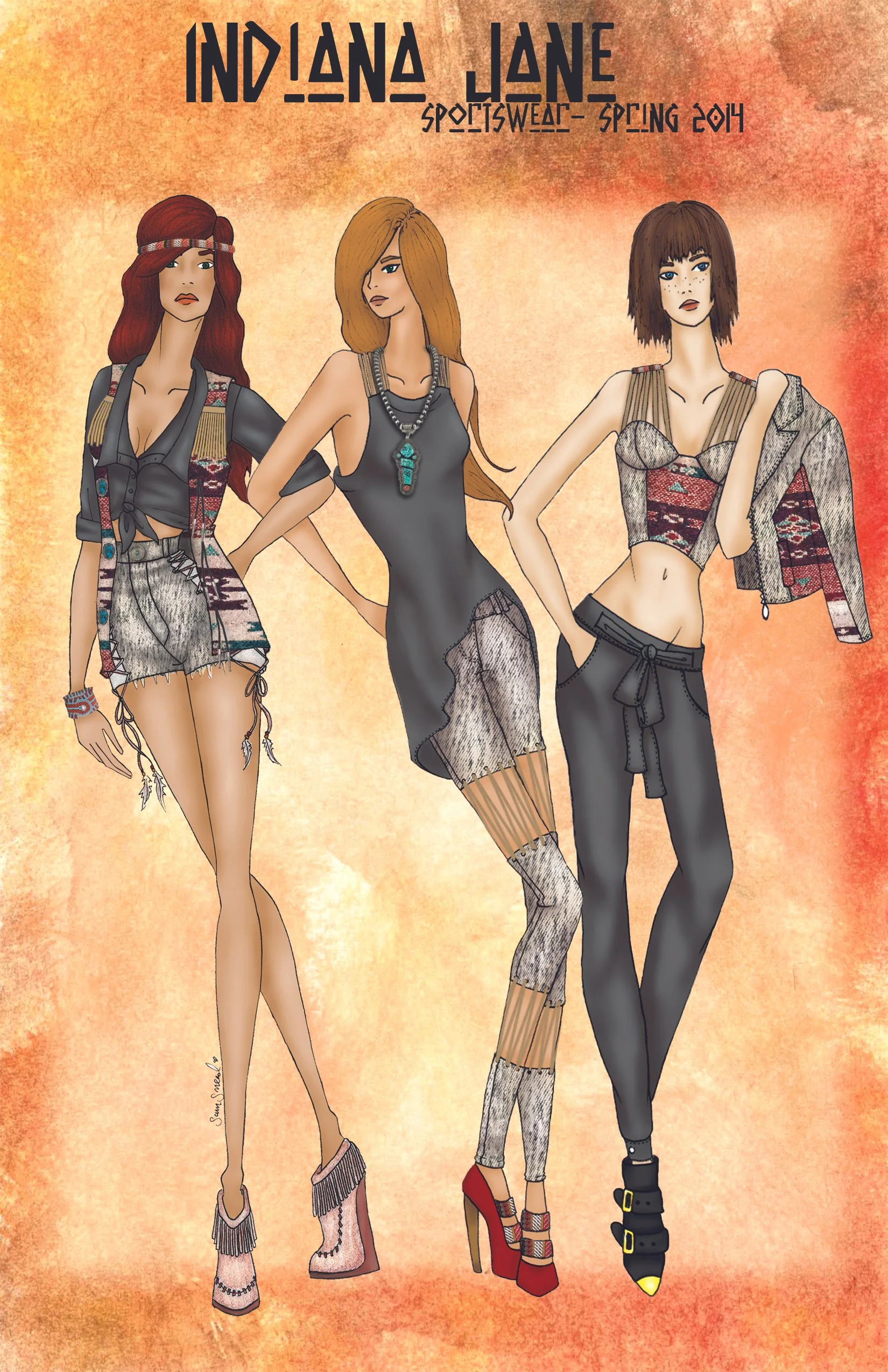 Indiana Jane was a fashion design project from my school days. The models are drawn by hand, uploaded, and colored/filled with photoshop.