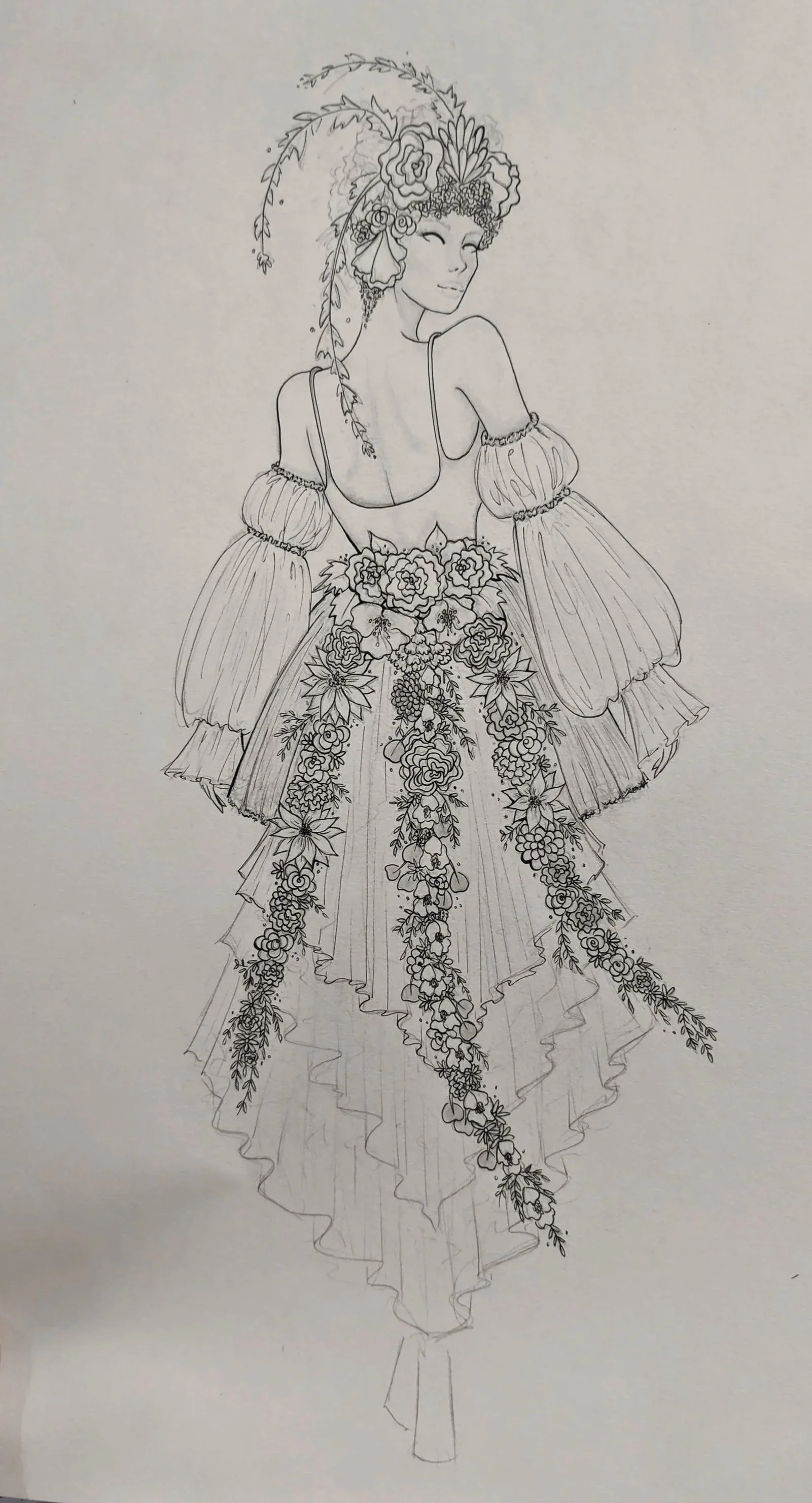 Design & Illustration work I did for a theme park project that never saw the light of day. Each outfit was meant to be made for any body to step into and feel like a model on the runway.
This is our Floral Goddess.
The completed, fully inked version 