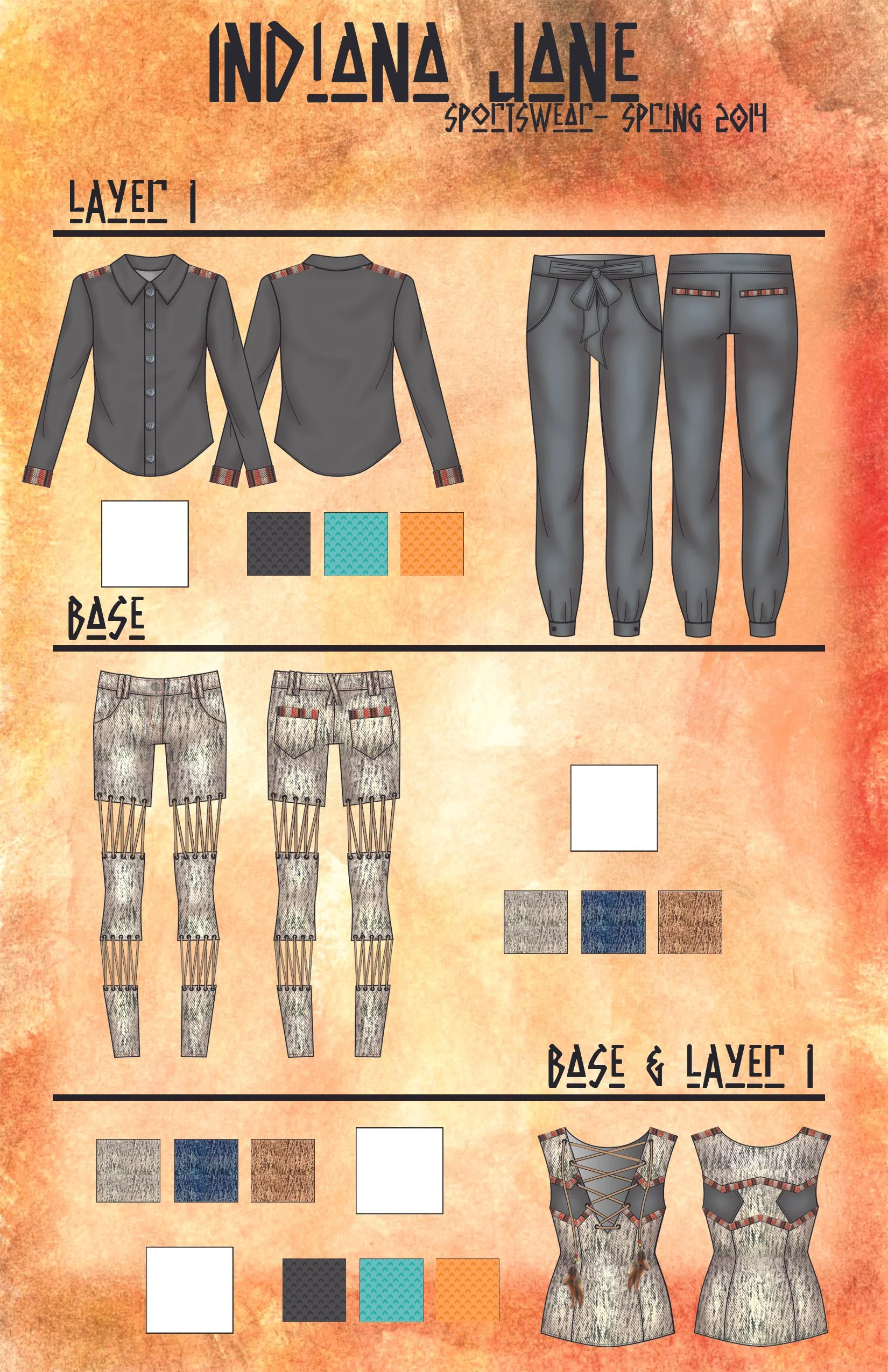 Fashion look book design page from my collection “Indiana Jane,” built on Photoshop and Illustrator 
