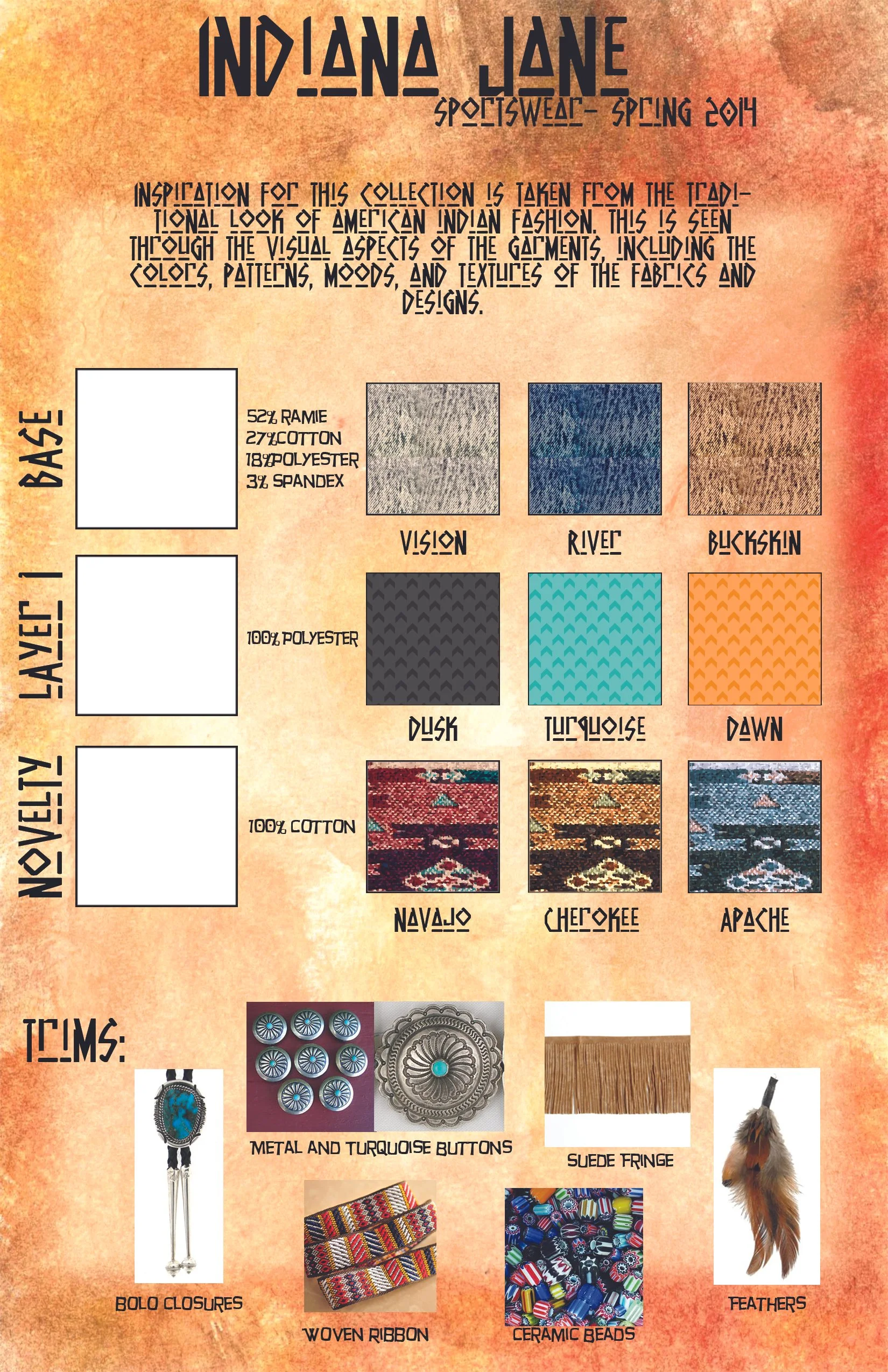 Fashion look book fabric & trim page from my collection “Indiana Jane,” built on Photoshop and Illustrator 