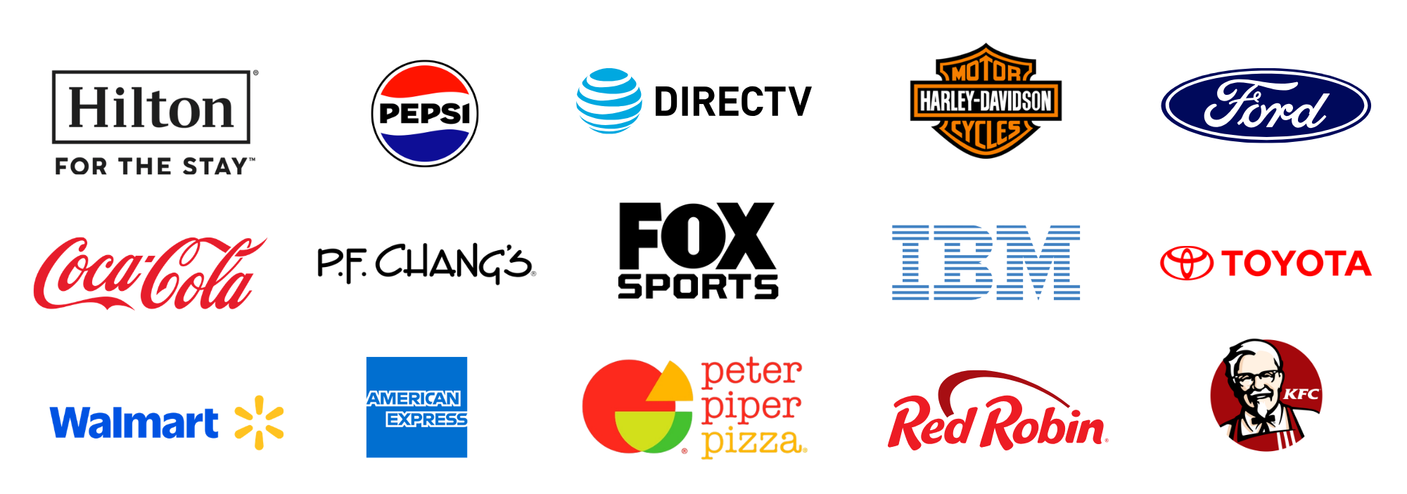 Collage of popular American brand logos that Leighton Agency (Arizona Talent Agency) has worked with, including Hilton, Pepsi, Ford, Harley-Davidson, Coca-Cola, Amazon, Walmart, American Express, KFC, and others.