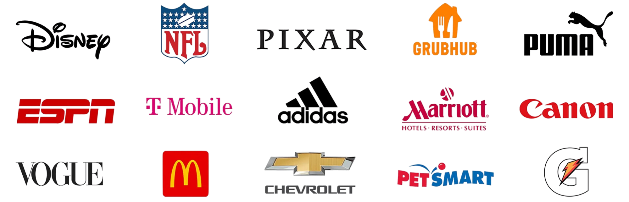 Collage of popular American brand logos that Leighton Agency (Arizona Talent Agency) has worked with, including Disney, Pixar, Puma, Vogue and Adidas.