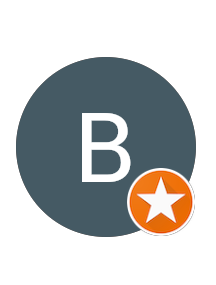 A dark gray circle with a white letter 'B' inside, overlaid with an orange badge featuring a white star.